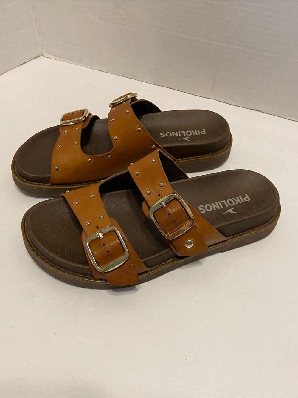 Pikolinos Aitana Brandy leather flat sandals, buckle rivet detail Size 7.5 / 8 - Picture 3 of 13